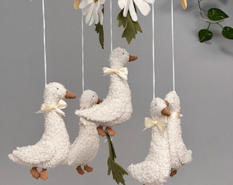 Silly Goose Baby Mobile, Boucle Geese Coquette Bows, Daisy Flower Nursery Decor, Shower Gift