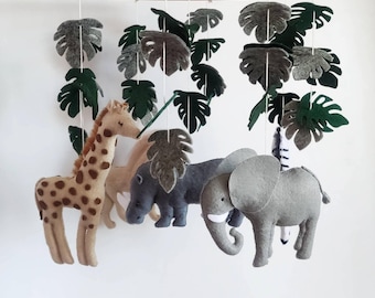 Safari Animals Baby Mobile, Vintage Jungle Nursery Decor, Tropical Leaves For Hanging