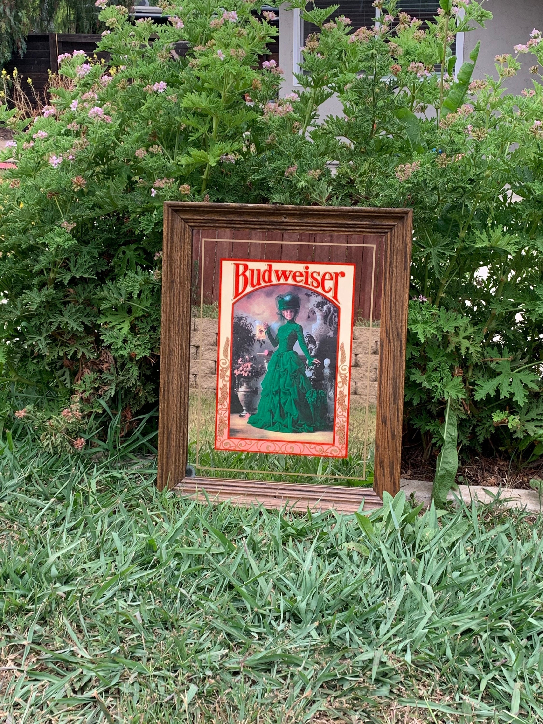 Vintage Budweiser Lady in Green Framed Mirror Picture Etsy