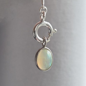 May include: A silver necklace pendant with an oval opal gemstone. The opal has a pearlescent sheen, set in a silver bezel. The pendant is attached to a silver clasp, showcasing jewelry craftsmanship.