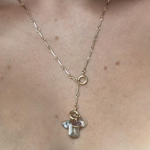 Può includere: Una collana a lariat color oro caratterizzata da una catena delicata con maglie a barra allungate. La collana include un connettore a chiusura circolare che sostiene un gruppo di tre piccoli ciondoli pendenti, tra cui una pietra rettangolare trasparente e due pietre ovali.