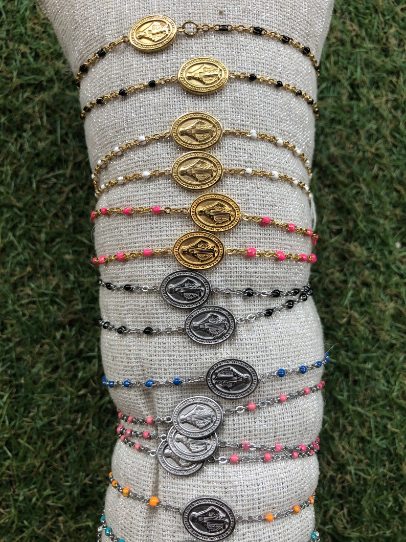 Virgin beaded Madonna bracelet marries stainless steel cross for women