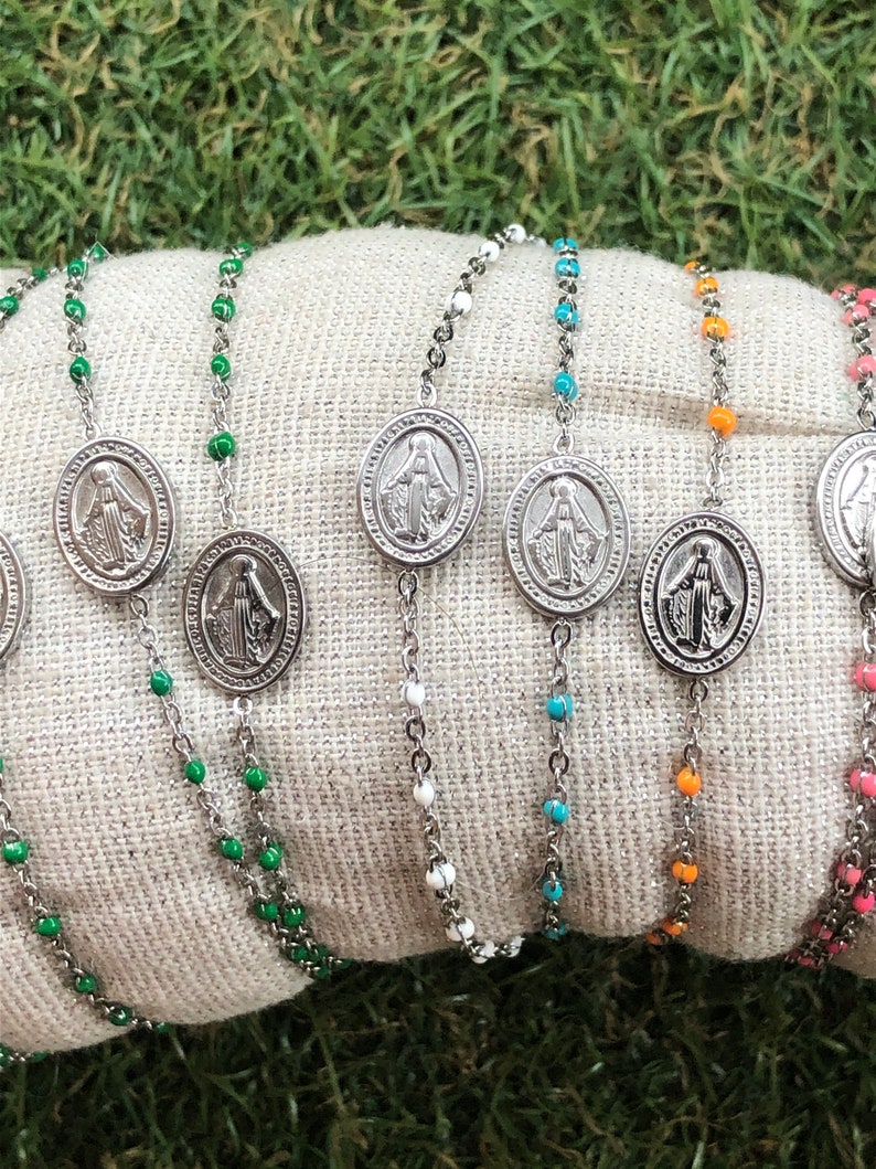 Virgin beaded Madonna bracelet marries stainless steel cross for women