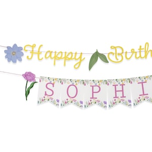 Floral Happy Birthday Banner: Customizable Name, Spring Theme