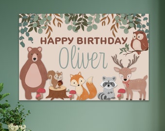 Woodland Birthday Banner: Animals Party Backdrop (Digital File)