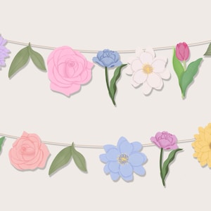 Floral Garland - Flowers Paper Garland - Flower Bloom Birthday Party - Flowers Paper Banner - Floral Banner - Printable