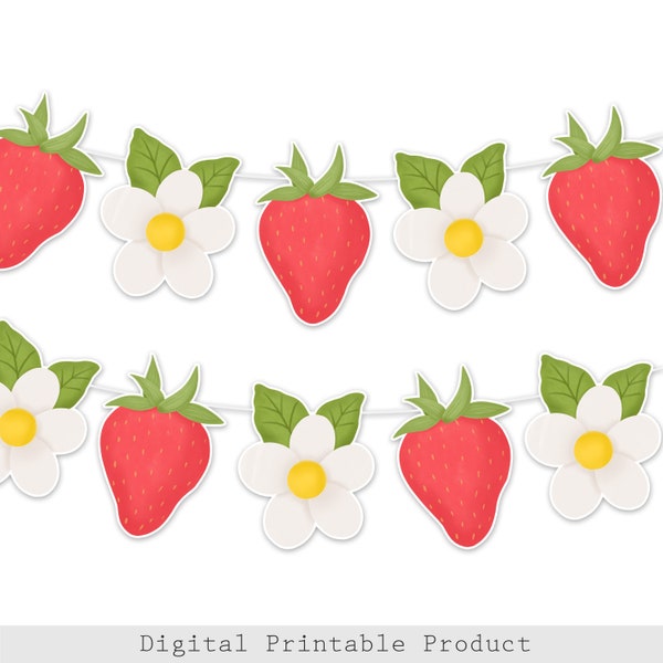 Strawberry Garland - Strawberry Flowers Garland - Strawberry Birthday Party - Berry First Birthday - Strawberry Party Decorations, Printable