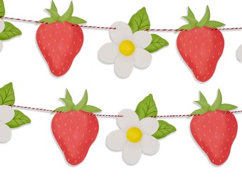 May include: A decorative garland featuring red strawberries, white flowers with yellow centers, and green leaves. The garland is strung on a red and white twine against a white background. The design is a repeating pattern.