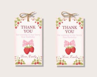 Berry First Thank You Tags | Strawberry Party Favor Tags | Editable Canva Template