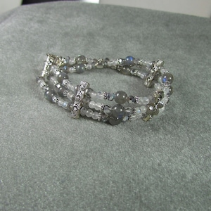 Handmade Triple Strand Bracelet w/Labradorite, Moonstone and Crystals and sterling silver