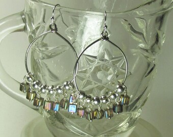 Round Silver hoops With Iridescent Square Beads SH00103