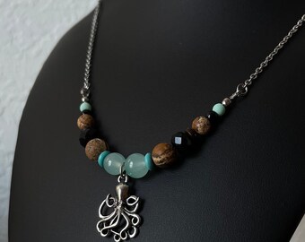 Octopus Charm Necklace with Jasper and Glass