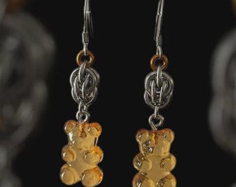 Gummy Bear Sweet Pea Chainmail Earrings - Orange
