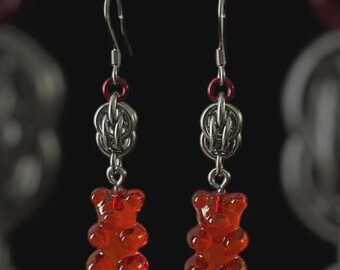 Gummy Bear Sweet Pea Chainmail Earrings - Red