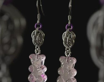Gummy Bear Sweet Pea Chainmail Earrings - Purple