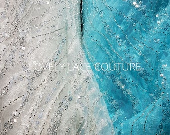 Turquoise Beaded Lace Fabric, for evening dresses