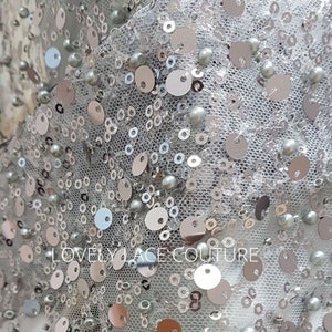 Beaded bridal lace fabric with big sequins in grey, Pallas Couture Lace Fabric, luxurious beaded wedding dress lace, designer lace LL-1440