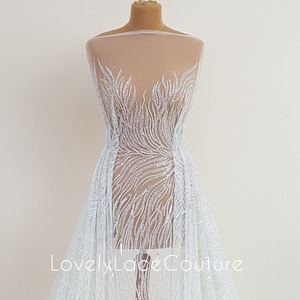 Wunderschöne Brautspitze mit abstraktem Wellendesign, Designer Couture Spitze in Elfenbeinfarbe, moderne Hochzeitspitze LL-1390