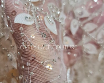 LL-1164, beautiful leaf lace fabric with beads and transparent sequins, lace for gown, lacing fabric, Leaf tendril, starts at 0,5 meter