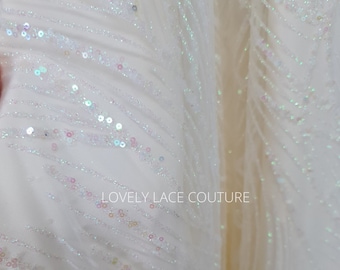 white glitter sequined net fabric, abstract design