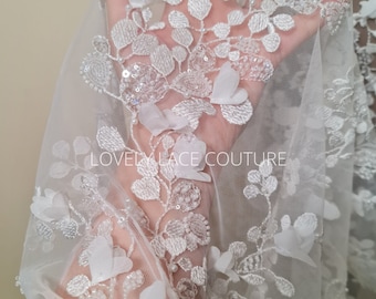 Floral Bridal Lace Fabric with Beads and Sequins, Off-White Wedding Dress Lace