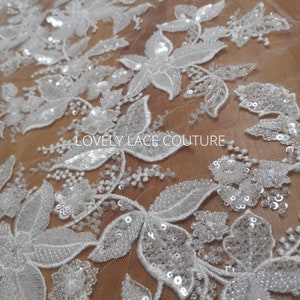 Amazing Flower bridal lace fabric with beads in off-white, Couture Lace Fabric, luxurious beaded wedding dress lace LL-1478
