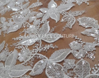 LL-1478, Flower Bridal Lace Fabric, Off-White Beaded Sequins, Couture Wedding Dress