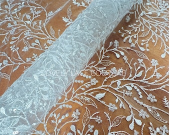 White Leaf Lace Fabric, Bridal Gown Lace with Beads and Sequins