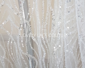 Abstract Beaded Sequin Bridal Lace, Off-White or Turquoise Couture Lace