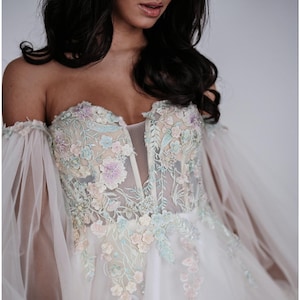 PRE-ORDER  colorful a line weddingdress, ivory fairy tale lace weddingown with sleeves princess bridal, bridal dress, floral wedding dress