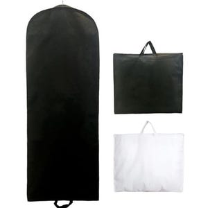 May include: A black garment bag with a hanger and a handle at the bottom. Two tote bags are also shown, one black and one white, each with a handle. The bags are made of a non-woven material.
