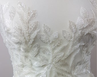 Beautiful white lace fabric with leaf design and transparent sequins, wedding lace, bridal lace, embellished tulle fabric LL-1101