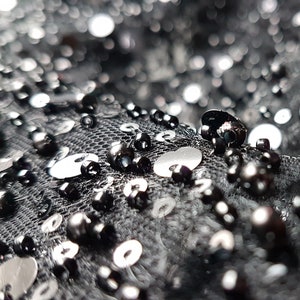 Amazing beaded bridal lace fabric with big sequins in black color, Pallas Couture Lace Fabric, luxurious beaded wedding dress lace LL-1299