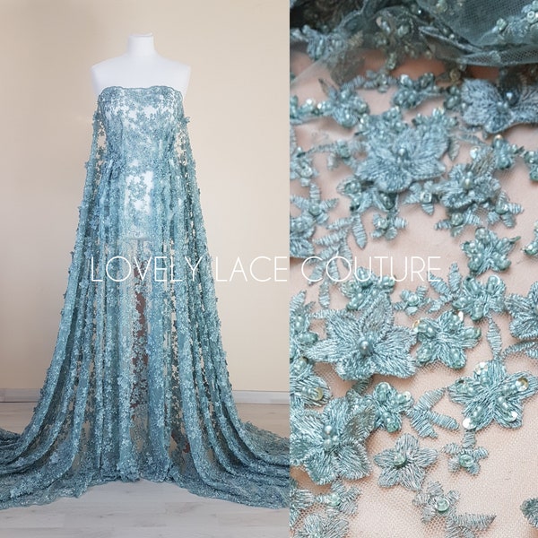 Gorgoues 3D - Lace fabric with flower desgin, Colored bridal lace, Wedding Lace Fabric, Embroidered lace in lovely blue or rosé color