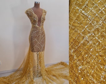 LL-1482, modern beaded bridal lace fabric with abstract net design in dark yellow color