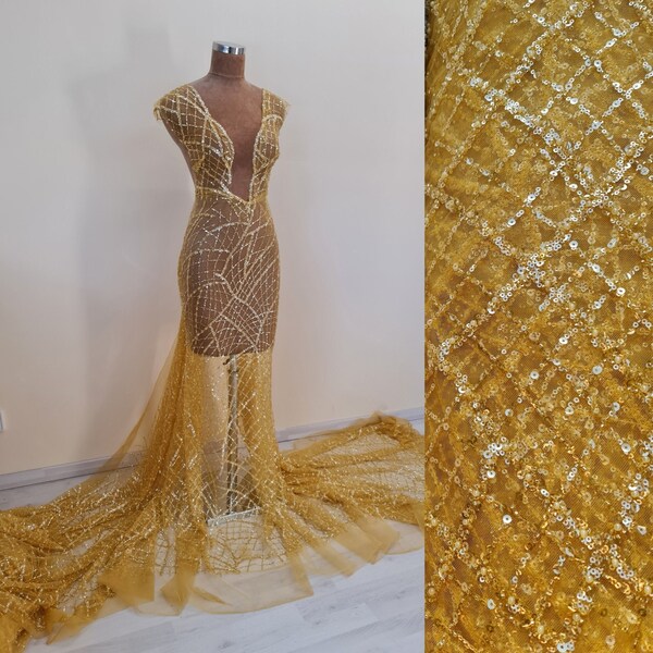 LL-1482, tissu de dentelle de mariée perlée moderne avec un motif net abstrait de couleur jaune foncé