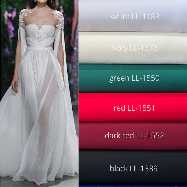 Tissu crêpe-mousseline de soie blanc, ivoire, vert, rouge, rouge foncé ou noir, mousseline de soie douce pour robes et chemisiers, tenues de mariée, robes de soirée