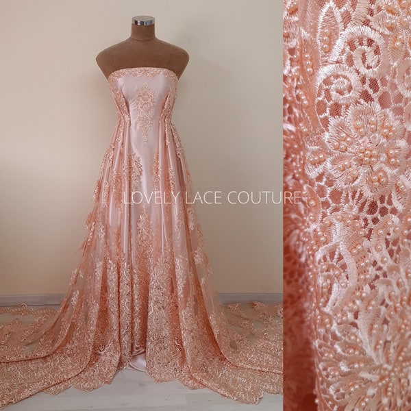 Beaded bridal lace fabric in peach color, Couture Lace Fabric, wedding dress lace, designer lace, ornamental flower lace per yard LL-1428