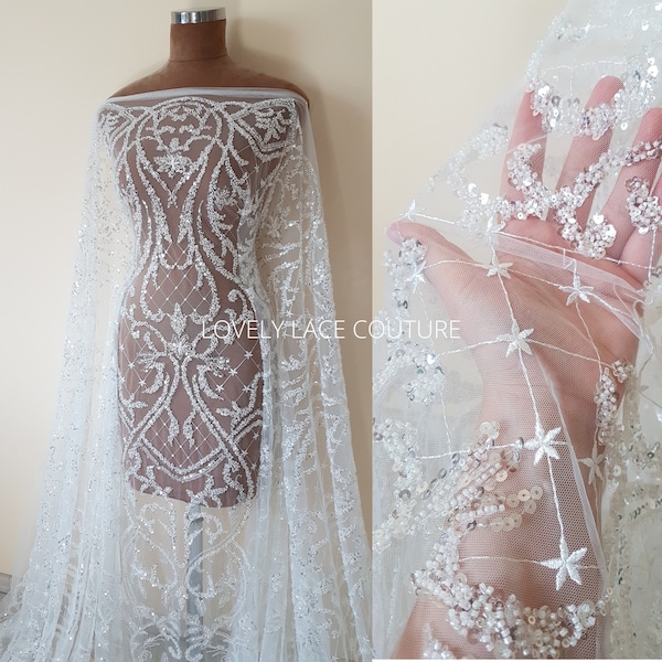 Glorious ornamental bridal lace fabric per metre in white color, wedding dress lace in high quality for stunning couture dresses, LL-1477