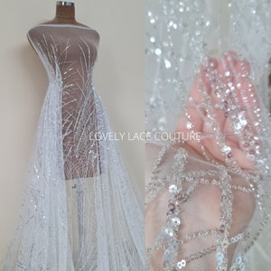 Beautiful sparkling bridal lace fabric with beads and sequins, white fabric by yard, Couture Lace Fabric, beaded wedding dress lace LL-1434