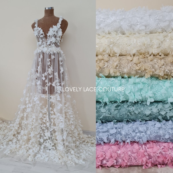 Lovely bridal lace fabric with big flowers, 3D-Lace Fabric in off-white, ivory, beige, mint, green, pink and grey-blue, wedding dress lace