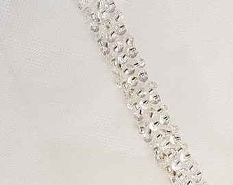 Finiture in pizzo di perline di colore bianco, finiture in pizzo da sposa con perline, pizzo a nastro per abiti da sposa o da sposa, lunghezza 140 cm, larghezza 1,2 cm, LL-1480