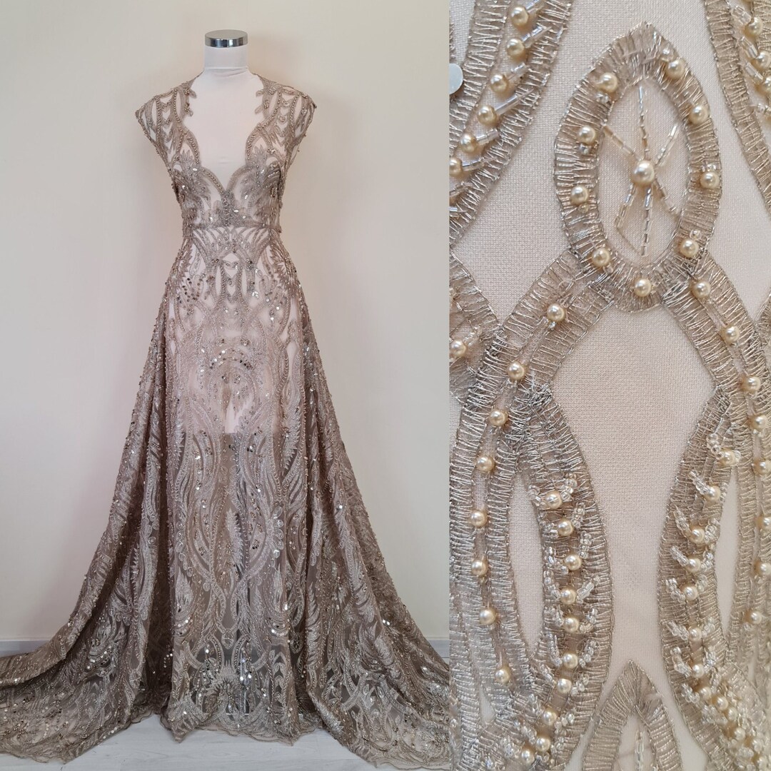 Ornamental Lace Fabric With Beads and Big Sequins in Gold