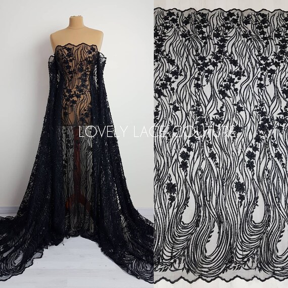 Black Abstract Designed Guipure Lace Fabric