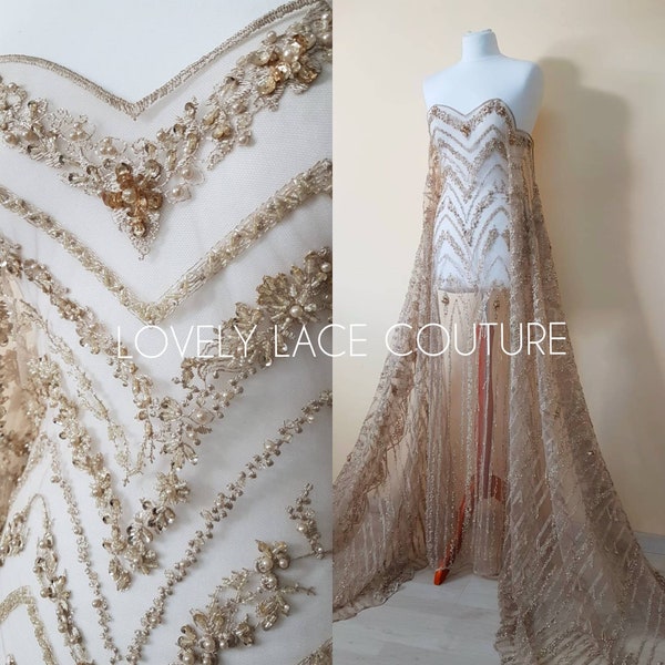 Marvellous 3D - Lace fabric with abstract desgin, Colored bridal lace, Wedding Lace Fabric, Embroidered lace in beautiful gold or rosé color