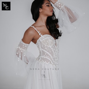 Handmade white basque waist wedding dress with tulle embroidered sleeves wide tulle skirt and high slit Wedding Gown Dress Bridal Cathedral