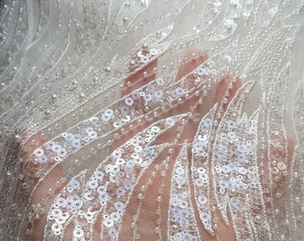 LL-1445, Beaded Lace Fabric, Off-White Wave Design, Bridal Wedding Gown