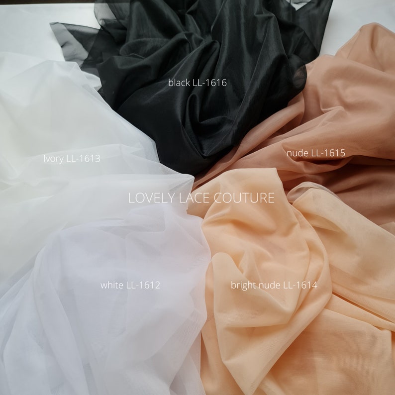May include: Five swatches of sheer fabric in different colors: black, ivory, nude, white, and bright nude. The swatches are labeled with their color and a code, for example, "black LL-1616". The text "LOVELY LACE COUTURE" is printed in the center of the image.