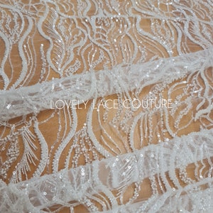 LL-1374, Off-White Bridal Lace Fabric, Modern Wave, Beads & Sequins