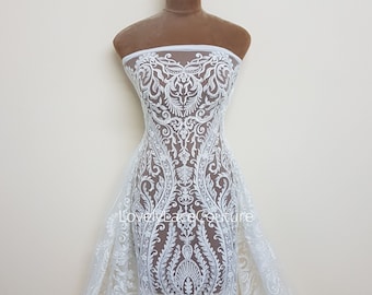 Beaded Bridal Lace Fabric, Off-White Geometrical Couture, Boho Wedding Dress Lace